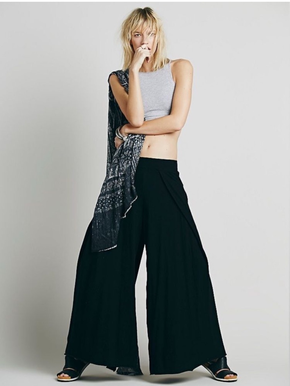 FP Beach Free People Black Ultra Flare Wide Leg Stretch Knit Pleated Front Pant